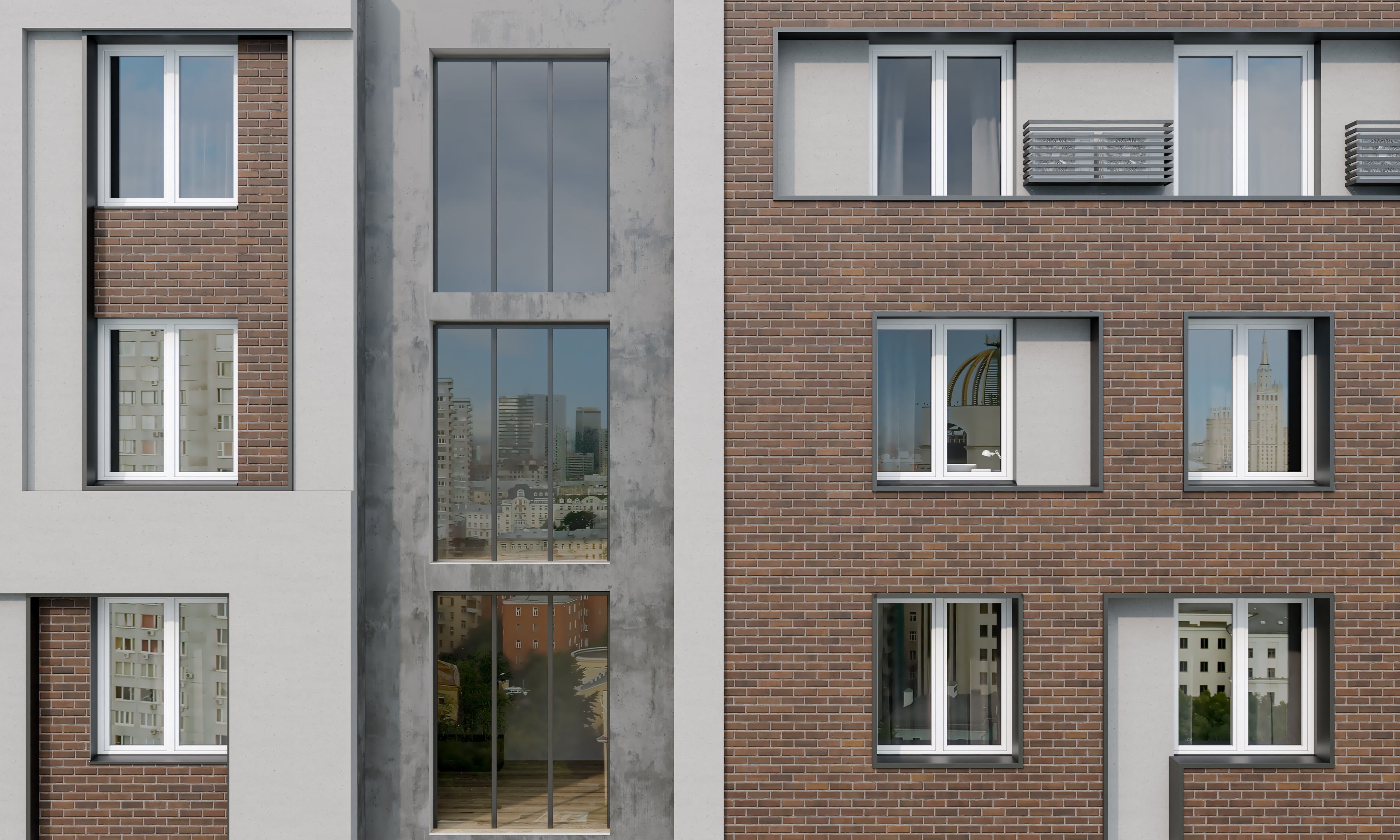 Главный слайд: фасад многоквартирного дома с окнами ПВХ